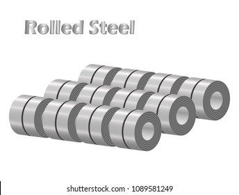 Rolled steel sheet in coil, stocks of steel coil straps in factory warehouse, metal iron sheet industry, 3D isolated vector 