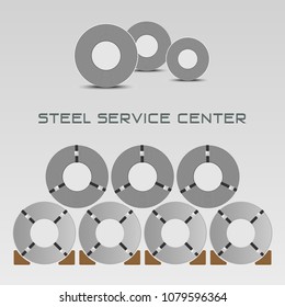 Rolled steel straps, steel coil, metal sheet plate industry in factory warehouse, raw material stock vector