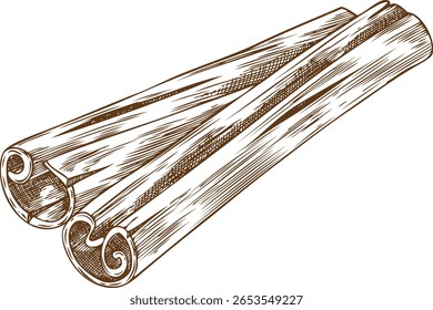 Rolled sticks of cinnamon engraved sketch vector icon. Hand drawn aromatic spice plant, dry flavor condiment. Mulled wine ingredient. Canella pod cooking and baking seasoning. Organic fragrant herb