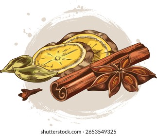 Varas laminadas de canela, fatias de gengibre, anis e cravo estrela especiarias esboçar composição vetorial. Ingredientes de cozinha de vinho misturado. Especiarias aromáticas tiradas à mão, condimento de sabor. Fragrância natural