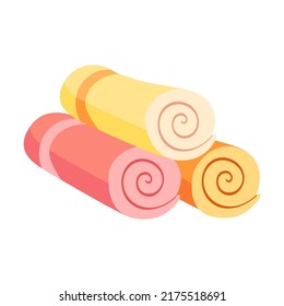 Rolled stylish bath and kitchen towel flat icon kit. Cartoon fabric hanging on hook, folded cloth vector illustration