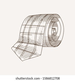 Rolled stylish checkered tie hand drawn illustration. Trendy folded necktie ink drawing. Sketched neckwear with print isolated on white. Monochrome official male accessory design element