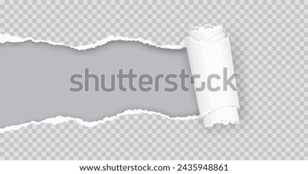 Rolled torn paper over grey realistic vector illustration. Damaged notepad page. Hole in document 3d object on transparent background