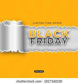Rolled Torn Paper Yellow and Silver Poster Design for Black Friday Limited Time Only.