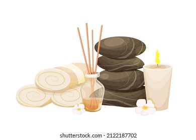 Toallas roscadas, torre de piedras de spa, velas de aroma y palos de incienso en botellas al estilo de dibujos animados aislados de fondo blanco. Relájate, concepto de tratamientos de bienestar.