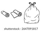 rolled trash bags and a full tied garbage bag; ideal for waste management icons, cleaning service logos, eco guides, or educational materials.