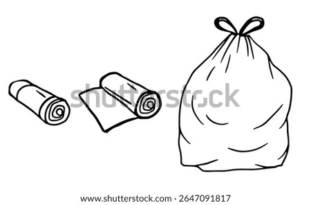 rolled trash bags and a full tied garbage bag; ideal for waste management icons, cleaning service logos, eco guides, or educational materials.