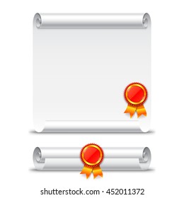 Rolled and unrolled diploma paper scroll with stamp. Vector education icon isolated on white background