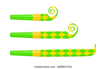 Rolled and unrolled party noise makers, blowers, sound whistles isolated on white background. Side view. New year, Christmas, kids birthday celebration. Vector cartoon illustration.