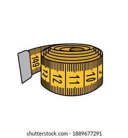 Rolled yellow centimeter ribbon on a white background.