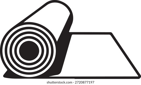 Estera de yoga enrollada con una porción desenrollada que se muestra sobre un fondo blanco liso en una simple ilustración gráfica en blanco y negro.