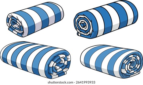 Rolled-up blue and white striped towels: beach, bathroom, vector illustration