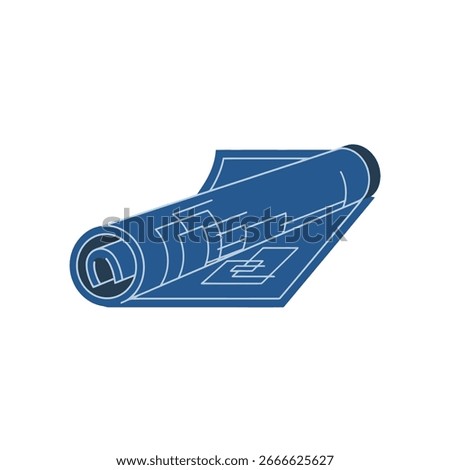 A rolled-up blueprint with architectural plans displayed. The paper is blue with white lines.