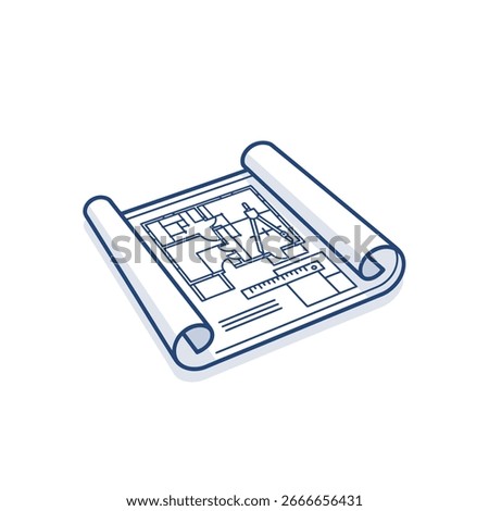 A rolled-up blueprint, showcasing architectural plans, lies on a surface, ready for review.