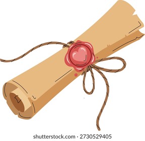 Un rollo de pergamino enrollado atado con una cuerda áspera y sellado con un sello de cera roja, que representa documentos históricos o premios.