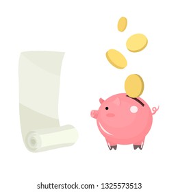 A rolled-up sheet of paper, a roll for issuing a check for a purchase at the box office, an invoice for payment. Piggy bank with coins. Symbol of savings and income. Piggy bank 