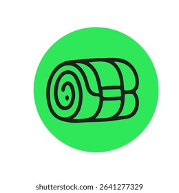 Rolled-up sleeping bag. Simple line art of a rolled sleeping bag on a solid green circle