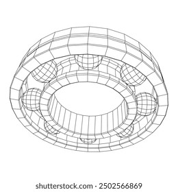 Rodamiento de rodillos. Rodamientos circulares giratorios redondos utilizados en la industria para el trabajo mecánico y la ingeniería de equipos pesados. Ilustración vectorial de malla de polietileno baja.