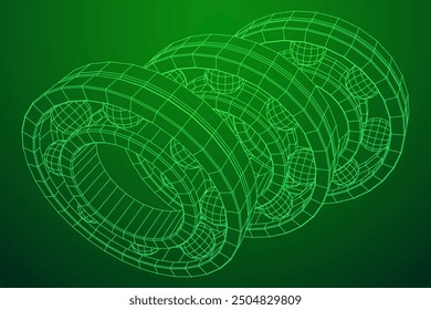Roller bearing. Circular round rotating bearings used in industry for heavy equipment mechanical work and engineering. Wireframe low poly mesh vector illustration.