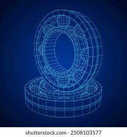 Roller bearing. Circular round rotating bearings used in industry for heavy equipment mechanical work and engineering. Wireframe low poly mesh vector illustration.