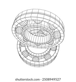 Roller bearing. Circular round rotating bearings used in industry for heavy equipment mechanical work and engineering. Wireframe low poly mesh vector illustration.
