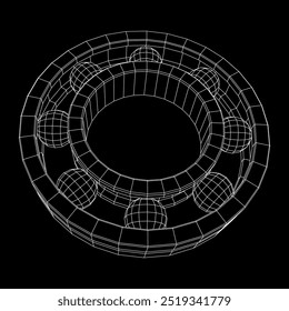 Rodamiento de rodillos. Rodamientos circulares giratorios redondos utilizados en la industria para el trabajo mecánico y la ingeniería de equipos pesados. Ilustración vectorial de malla de polietileno baja.