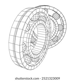 Roller bearing. Circular round rotating bearings used in industry for heavy equipment mechanical work and engineering. Wireframe low poly mesh vector illustration.