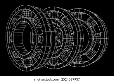Rolamento de rolos. Rolamentos rotativos circulares utilizados na indústria para trabalhos mecânicos e engenharia de equipamentos pesados. Ilustração do vetor de malha de baixo poli do modelo de arames.
