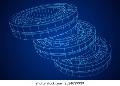 Roller bearing. Circular round rotating bearings used in industry for heavy equipment mechanical work and engineering. Wireframe low poly mesh vector illustration.