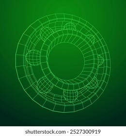 Roller bearing. Circular round rotating bearings used in industry for heavy equipment mechanical work and engineering. Wireframe low poly mesh vector illustration.