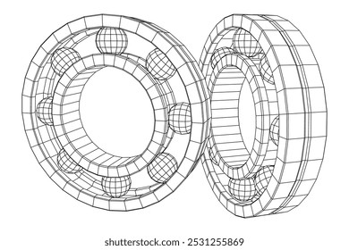 Rodamiento de rodillos. Rodamientos circulares giratorios redondos utilizados en la industria para el trabajo mecánico y la ingeniería de equipos pesados. Ilustración vectorial de malla de polietileno baja.
