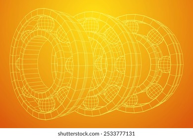 Rodamiento de rodillos. Rodamientos circulares giratorios redondos utilizados en la industria para el trabajo mecánico y la ingeniería de equipos pesados. Ilustración vectorial de malla de polietileno baja.