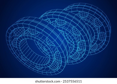 Rolamento de rolos. Rolamentos rotativos circulares utilizados na indústria para trabalhos mecânicos e engenharia de equipamentos pesados. Ilustração do vetor de malha de baixo poli do modelo de arames.