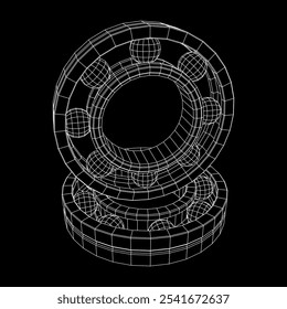 Wälzlager. Kreisförmige, rotierende Lager, die in der Industrie für schwere Maschinenbau- und Maschinenbauarbeiten verwendet werden. Drahtgitter, Low-Poly-Netz, Vektorgrafik.