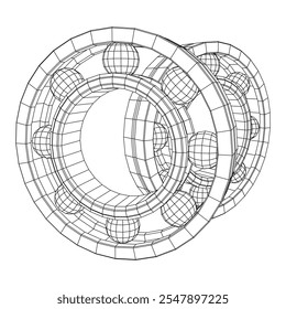 Roller bearing. Circular round rotating bearings used in industry for heavy equipment mechanical work and engineering. Wireframe low poly mesh vector illustration.