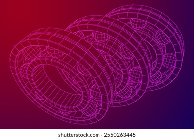 Roller bearing. Circular round rotating bearings used in industry for heavy equipment mechanical work and engineering. Wireframe low poly mesh vector illustration.