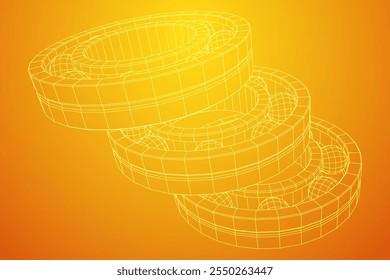 Rolamento de rolos. Rolamentos rotativos circulares utilizados na indústria para trabalhos mecânicos e engenharia de equipamentos pesados. Ilustração do vetor de malha de baixo poli do modelo de arames.