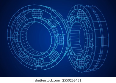 Roller bearing. Circular round rotating bearings used in industry for heavy equipment mechanical work and engineering. Wireframe low poly mesh vector illustration.