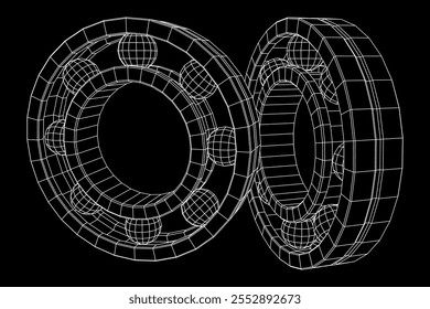 Roller bearing. Circular round rotating bearings used in industry for heavy equipment mechanical work and engineering. Wireframe low poly mesh vector illustration.