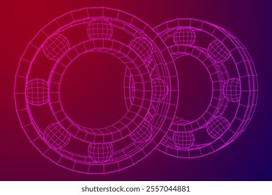 Roller bearing. Circular round rotating bearings used in industry for heavy equipment mechanical work and engineering. Wireframe low poly mesh vector illustration.