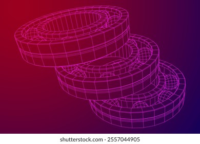 Roller bearing. Circular round rotating bearings used in industry for heavy equipment mechanical work and engineering. Wireframe low poly mesh vector illustration.