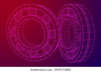 Roller bearing. Circular round rotating bearings used in industry for heavy equipment mechanical work and engineering. Wireframe low poly mesh vector illustration.