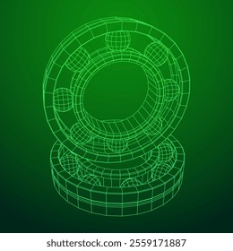 Roller bearing. Circular round rotating bearings used in industry for heavy equipment mechanical work and engineering. Wireframe low poly mesh vector illustration.