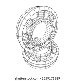 Roller bearing. Circular round rotating bearings used in industry for heavy equipment mechanical work and engineering. Wireframe low poly mesh vector illustration.