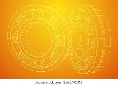 Roller bearing. Circular round rotating bearings used in industry for heavy equipment mechanical work and engineering. Wireframe low poly mesh vector illustration.