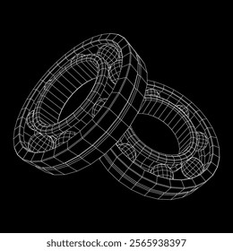 Roller bearing. Circular round rotating bearings used in industry for heavy equipment mechanical work and engineering. Wireframe low poly mesh vector illustration.