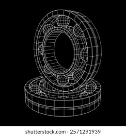 Roller bearing. Circular round rotating bearings used in industry for heavy equipment mechanical work and engineering. Wireframe low poly mesh vector illustration.