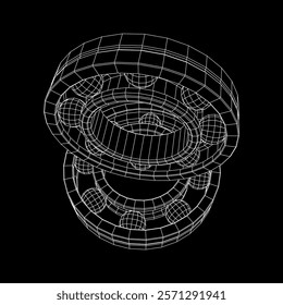 Roller bearing. Circular round rotating bearings used in industry for heavy equipment mechanical work and engineering. Wireframe low poly mesh vector illustration.