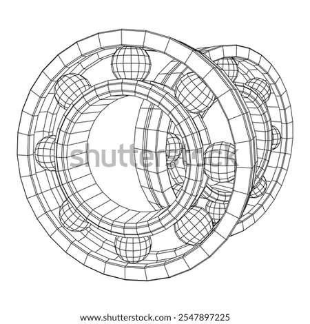 Roller bearing. Circular round rotating bearings used in industry for heavy equipment mechanical work and engineering. Wireframe low poly mesh vector illustration.