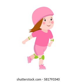 Roller beautiful girl funny sports character skating outdoor summer children hobby and cute young female in pink skates, hat happy leisure skater vector.